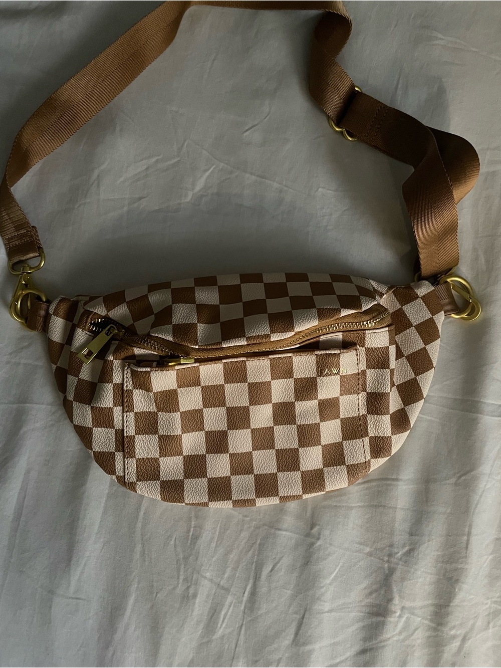 Fawn Design Tan and White Checkerboard Crossbody Belt Bag